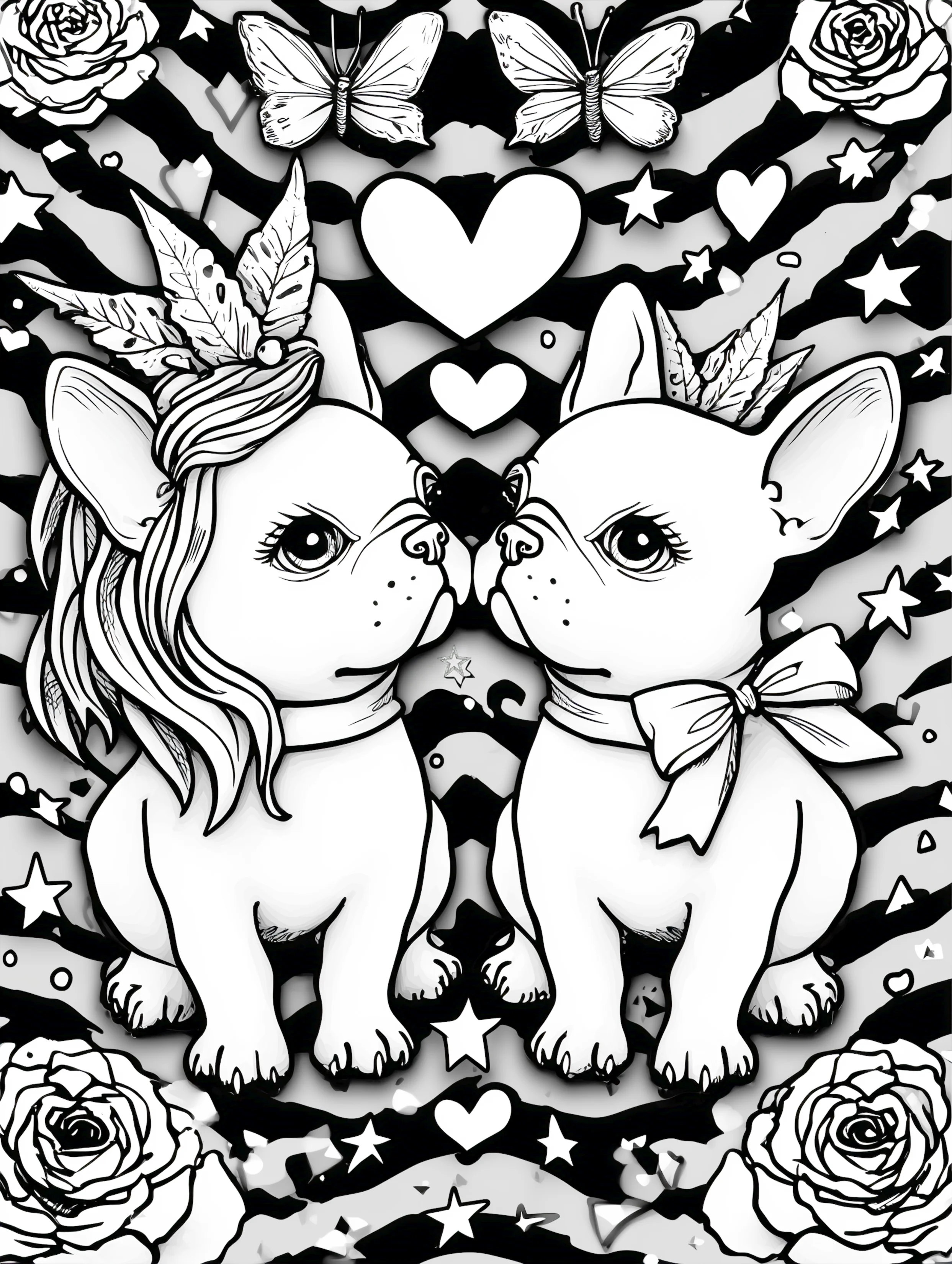 Free printable valentines coloring pages for adults featuring french bulldogs and hearts
